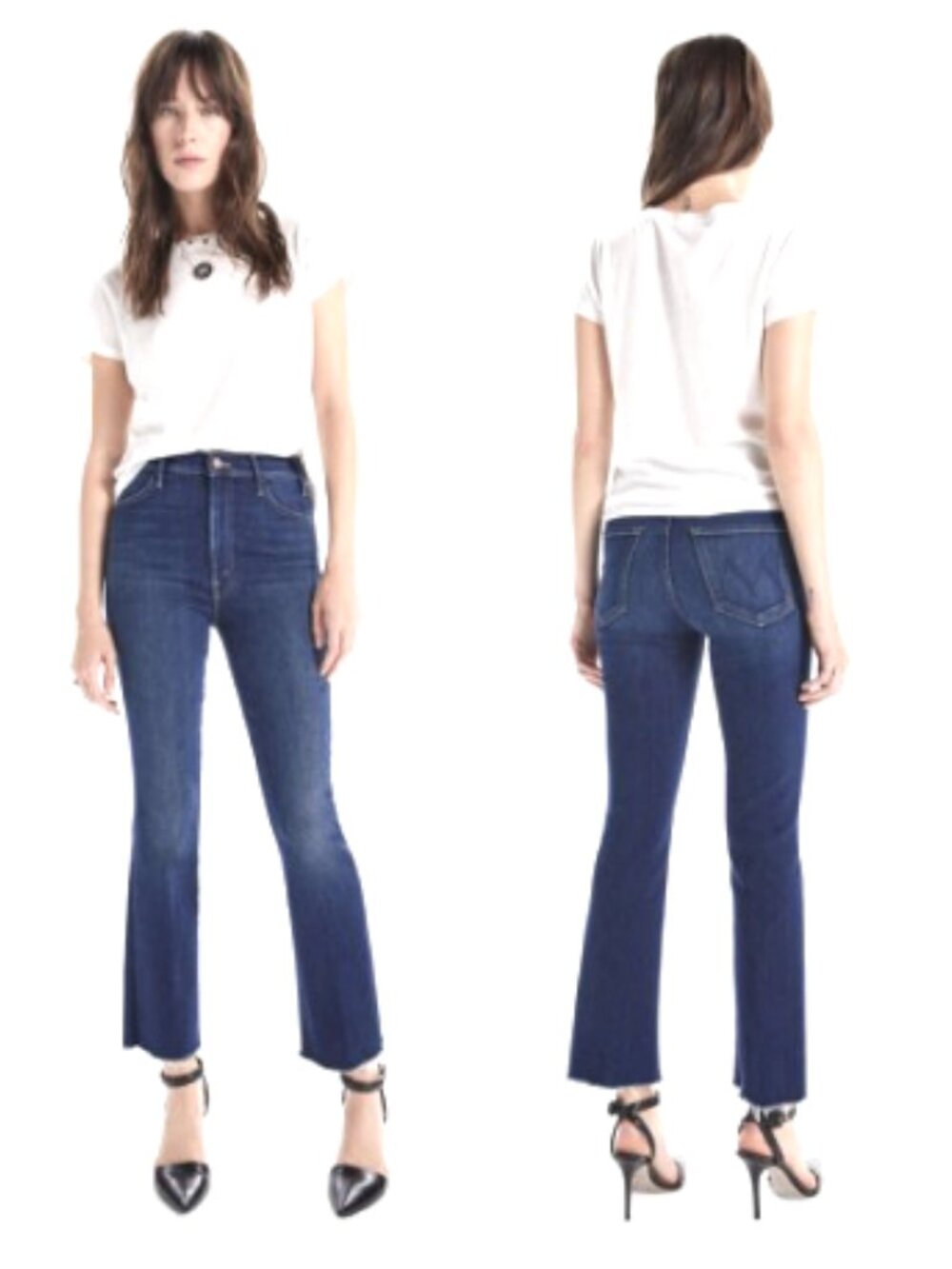 MOTHER 27 Hustler Ankle Fray Jeans Raw Hem Flare Home Movies Medium Blue Wash